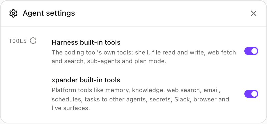 Advanced pane of Agent settings with the Harness built-in tools and xpander built-in tools switches both on