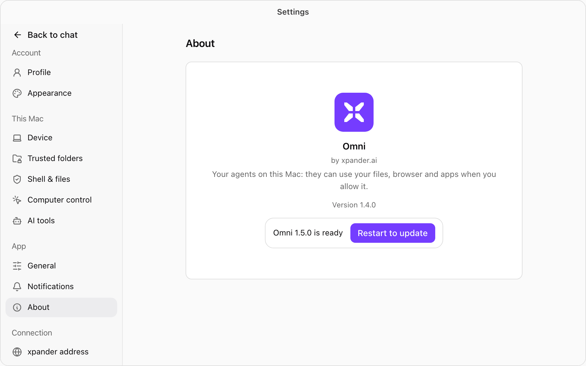 About in Settings: Omni by xpander.ai, Version 1.4.0, and Omni 1.5.0 is ready with Restart to update