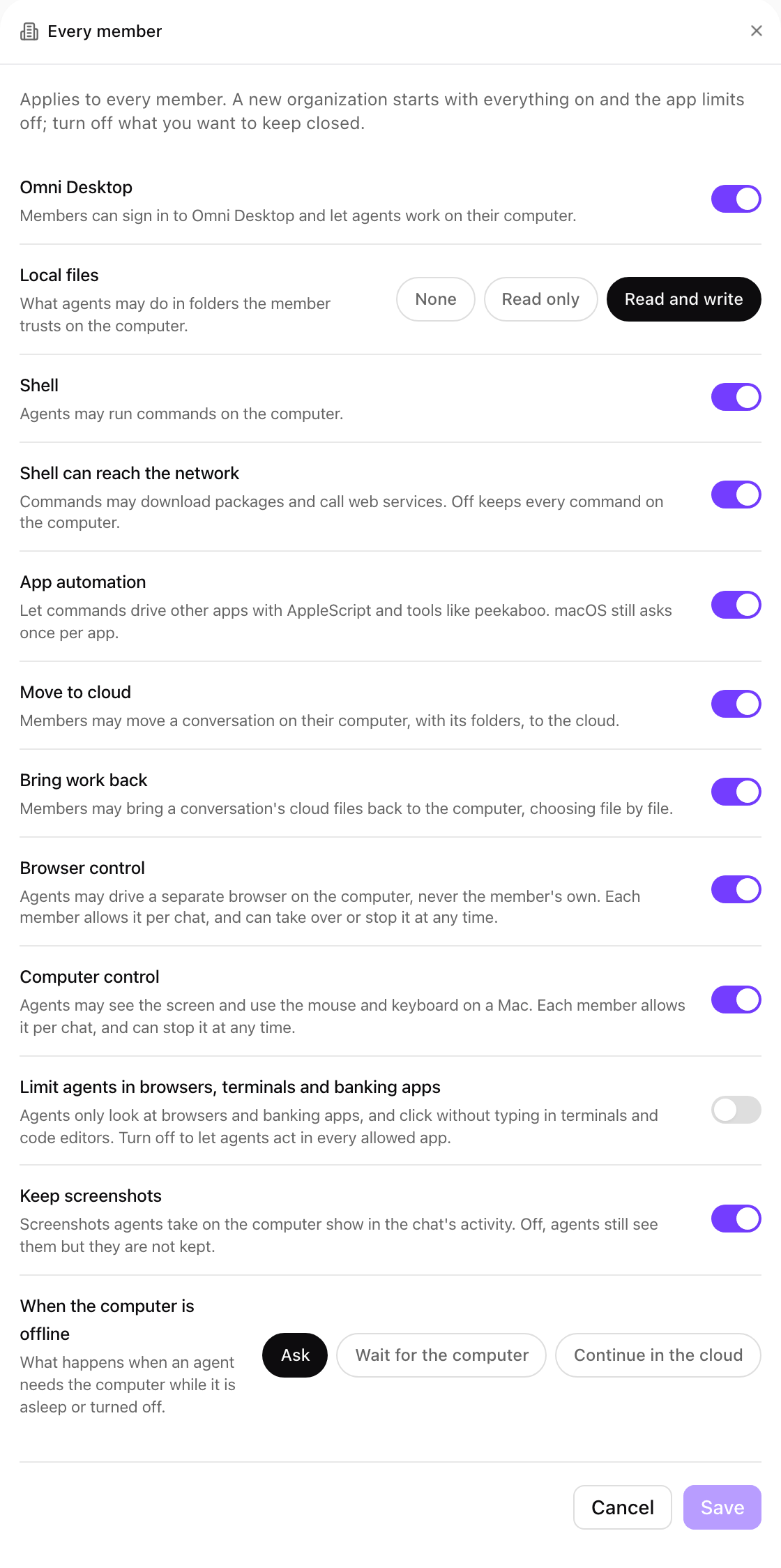 Every member panel with switches for Omni Desktop, Shell, Shell can reach the network, App automation, Move to cloud, Bring work back, Browser control, Computer control, Limit agents in browsers, terminals and banking apps, and Keep screenshots, Local files set to Read and write, and When the computer is offline set to Ask