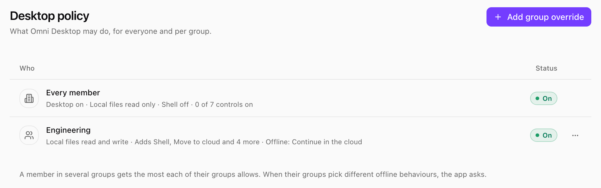 Desktop policy page with Add group override, an Every member row and an Engineering group override row, each with a summary of its settings and its status