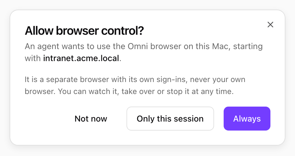 Allow browser control? dialog naming intranet.acme.local, with Not now, Only this session and Always