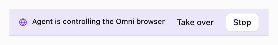 Strip reading Agent is controlling the Omni browser, with Take over and Stop