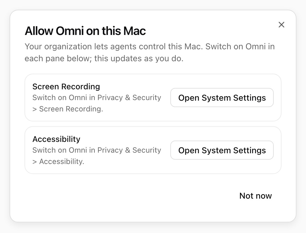 Allow Omni on this Mac sheet with Screen Recording and Accessibility rows, each with Open System Settings, and Not now