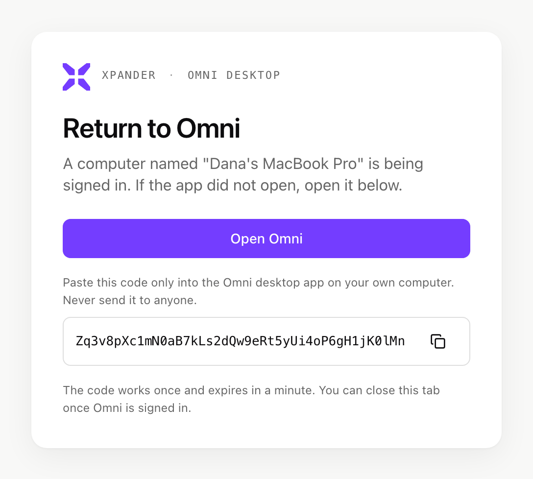 Return to Omni page with an Open Omni button and a one-time code with a copy button