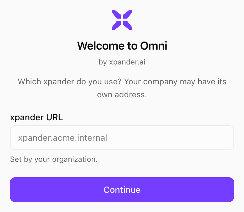 Welcome to Omni screen with the xpander URL field locked to xpander.acme.internal and the note Set by your organization