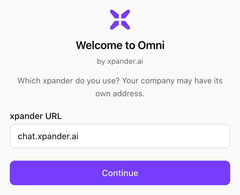 Welcome to Omni screen with an xpander URL field and a Continue button