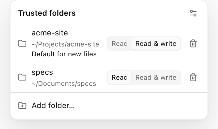 Trusted folders popover listing acme-site, marked Default for new files, and specs, each with Read and Read and write options and a remove button, and Add folder