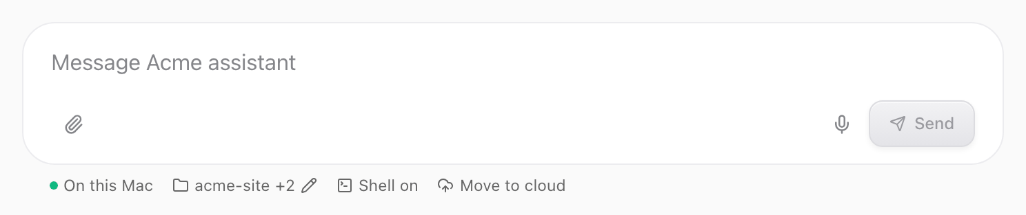 Composer with a strip below it reading On this Mac, acme-site +2, Shell on and Move to cloud