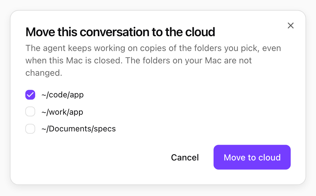 Move this conversation to the cloud dialog listing three folders with checkboxes, and Cancel and Move to cloud