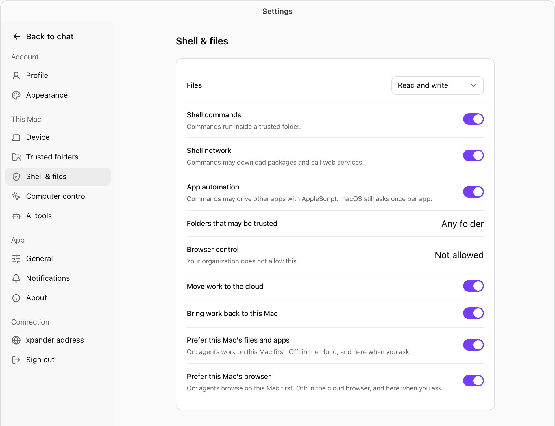 Shell and files settings: Files set to Read and write, switches for Shell commands, Shell network, App automation, Move work to the cloud, Bring work back to this Mac and the two Prefer this Mac switches, Folders that may be trusted reading Any folder, and Browser control reading Not allowed