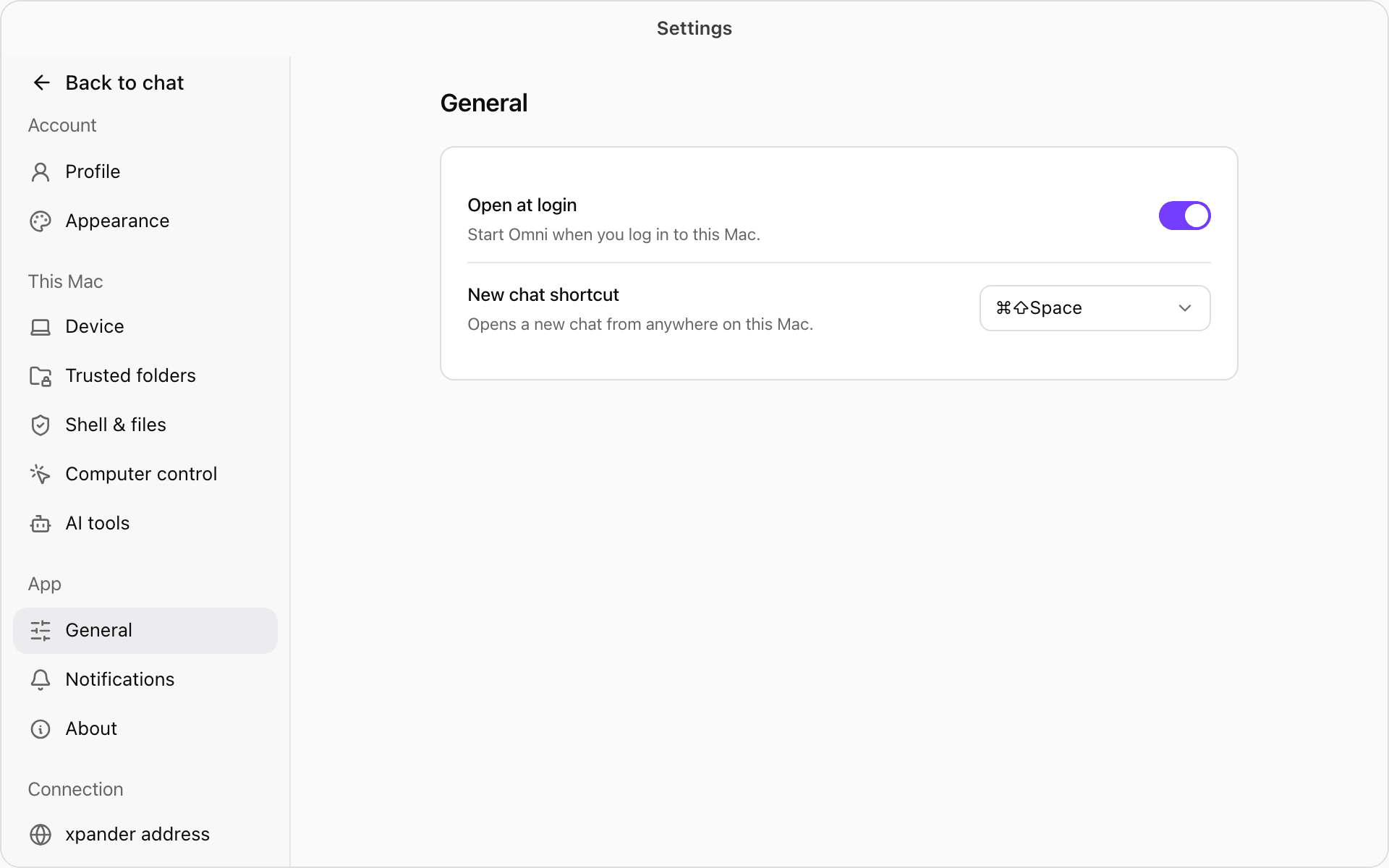 Settings with a sidebar grouped into Account, This Mac, App and Connection, and General open with Open at login and New chat shortcut