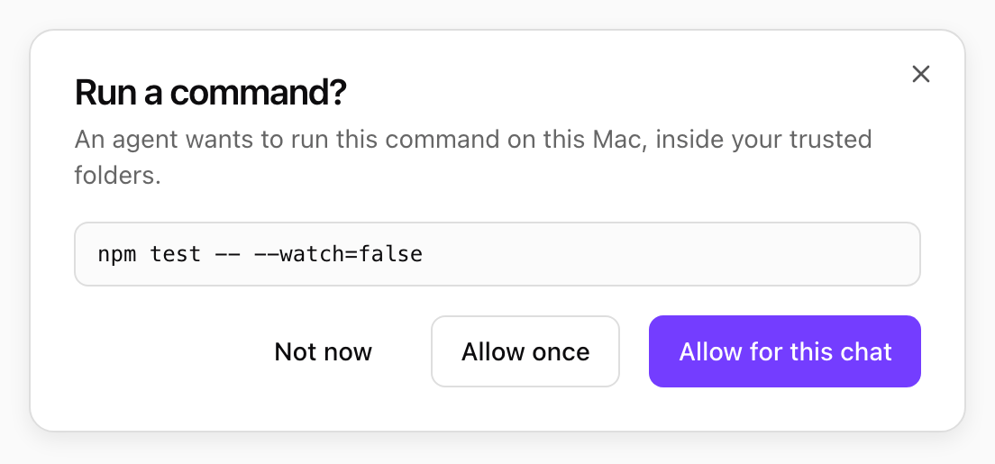 Run a command? dialog showing npm test -- --watch=false, with Not now, Allow once and Allow for this chat