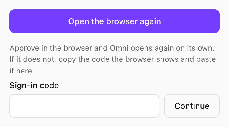 Sign-in code field in the app with Open the browser again and Continue