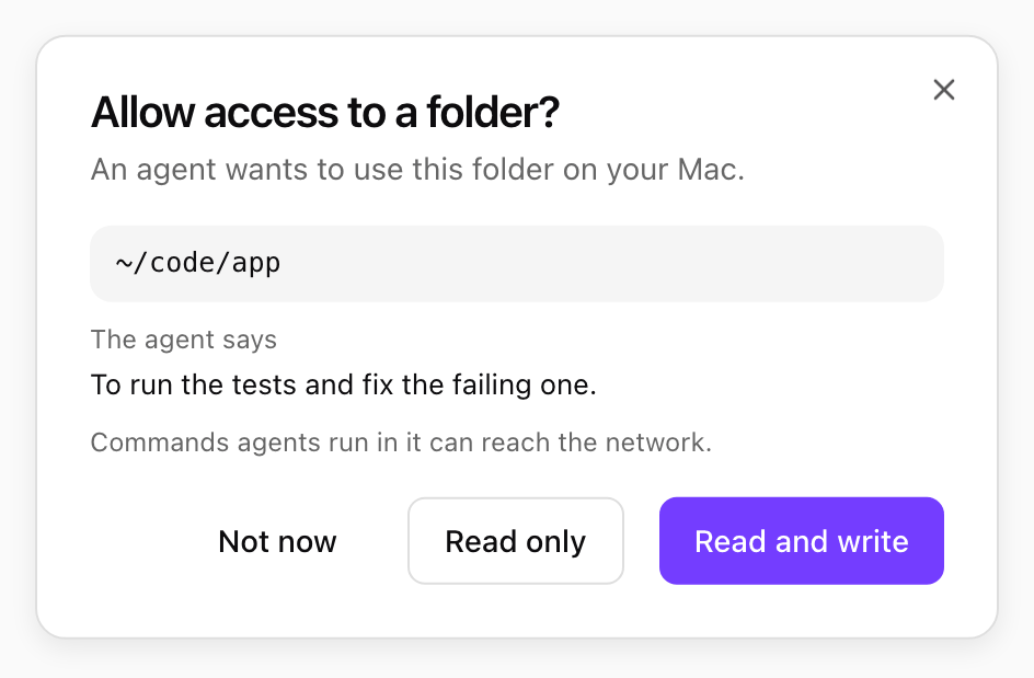 Allow access to a folder dialog for ~/code/app with the reason, and Not now, Read only, Read and write