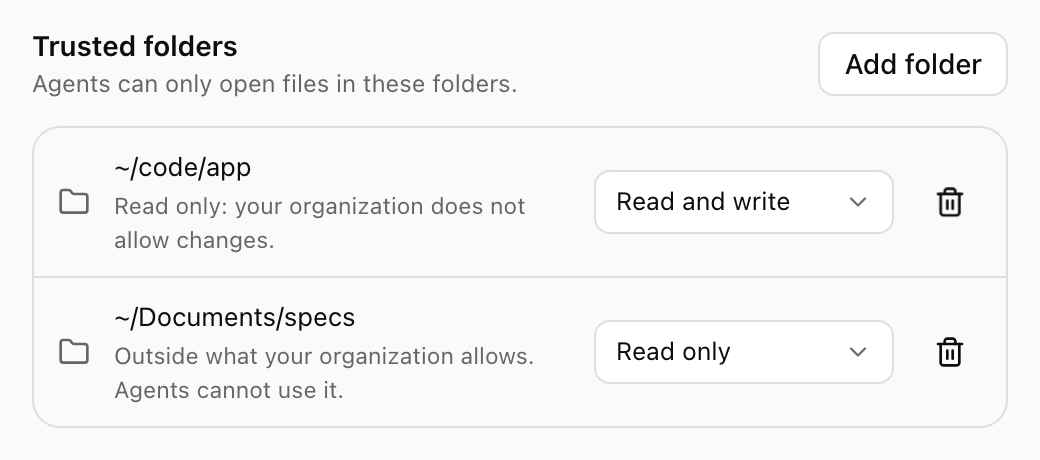 Trusted folders list: one folder marked read only because the organization does not allow changes, another outside what the organization allows