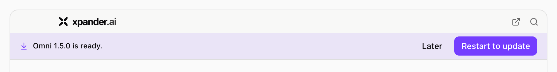 Strip under the title bar reading Omni 1.5.0 is ready, with Later and Restart to update