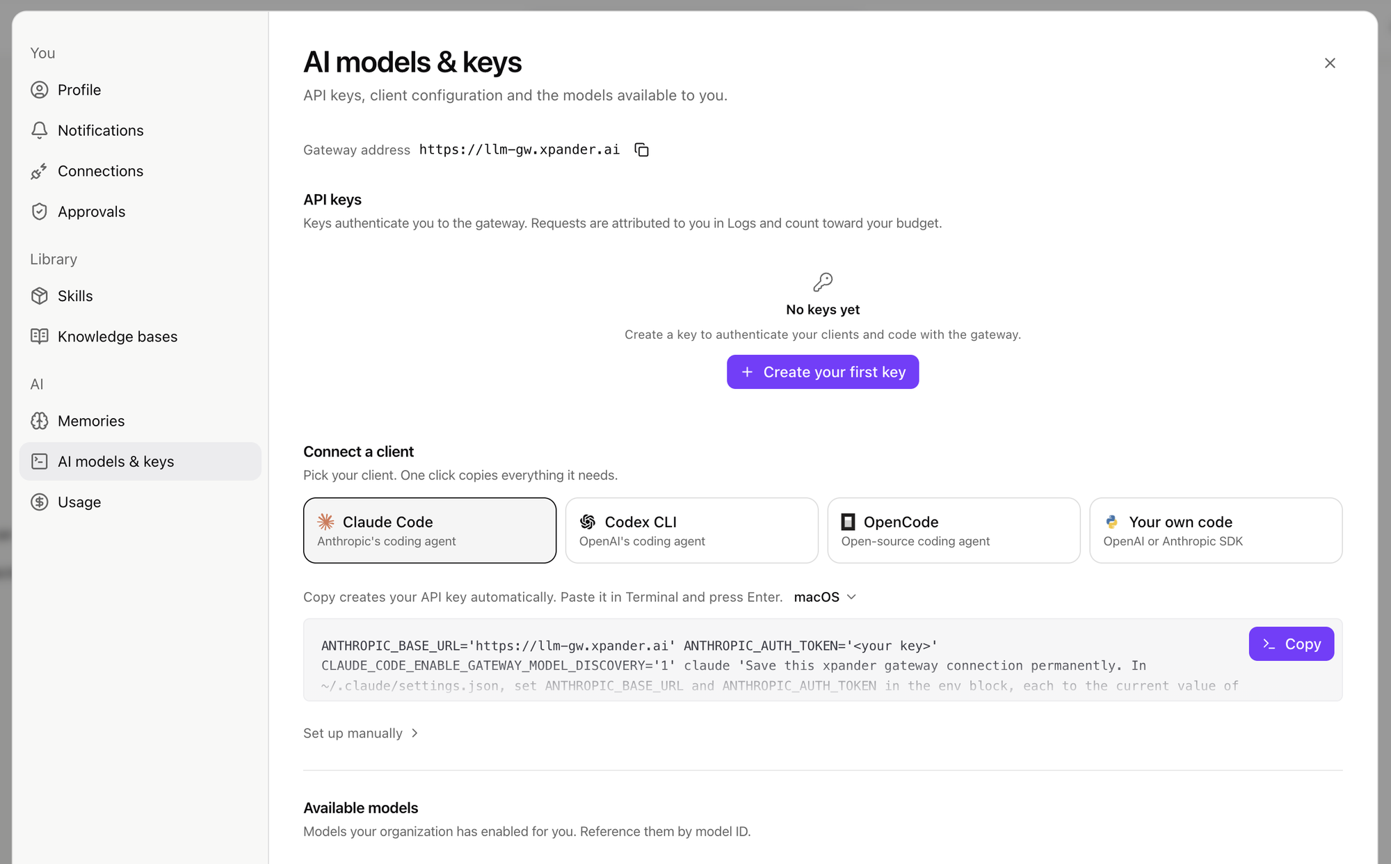 AI models and keys settings with the gateway address, API keys, Connect a client cards and the setup command