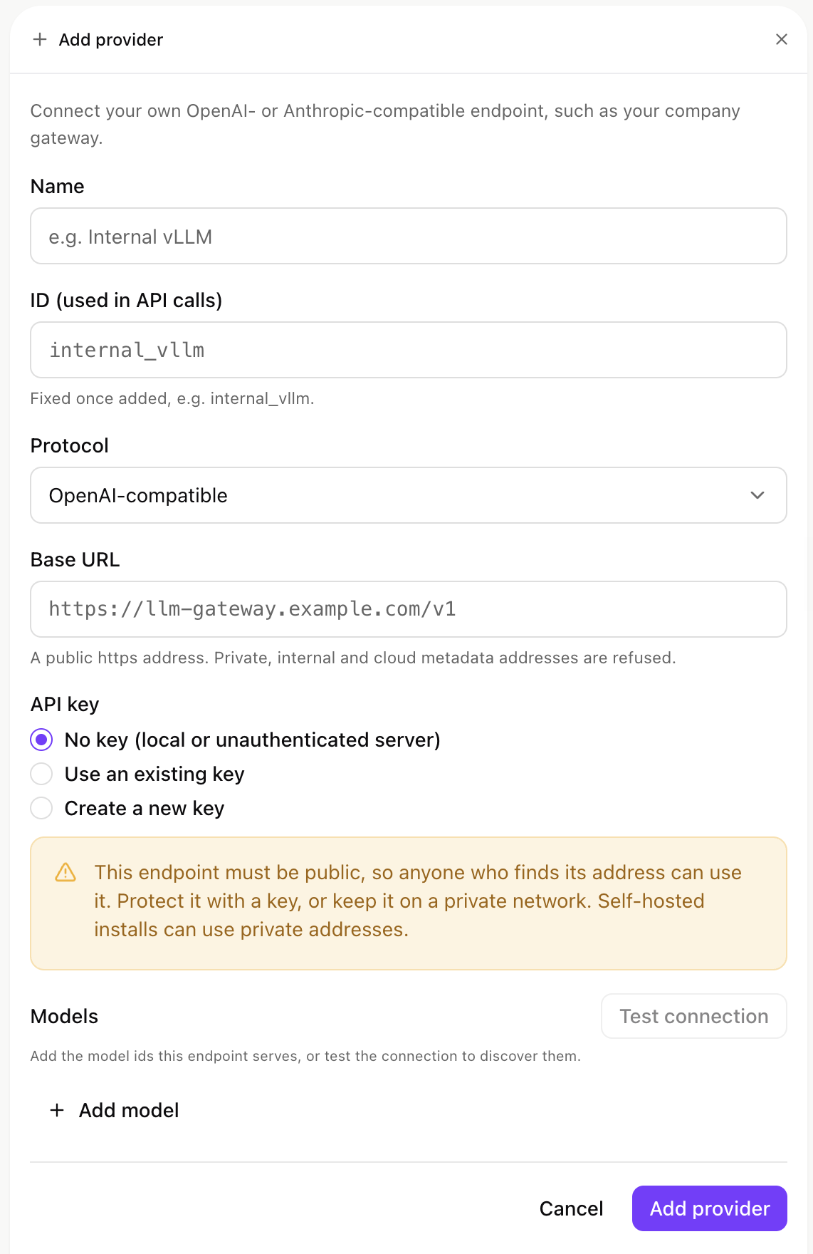 Add provider form for a custom endpoint with Name, ID, Protocol, Base URL, API key and Models fields