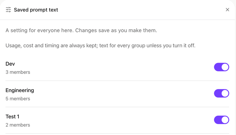 Saved prompt text panel with a switch per group, all turned on