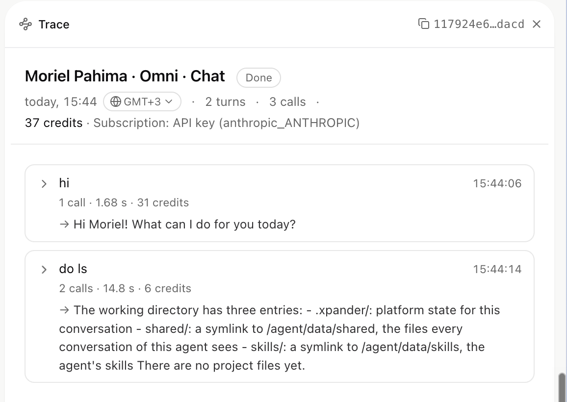 Trace of one chat conversation with each turn's message, calls, time, credits and the answer