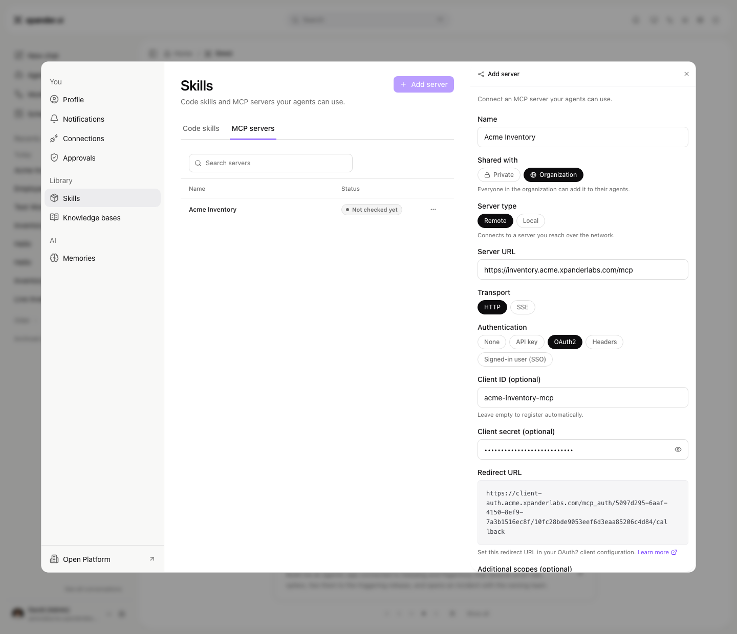Add server form with Name Acme Inventory, Shared with Organization, Remote, Server URL, HTTP, Authentication OAuth2, Client ID, a masked Client secret and the Redirect URL