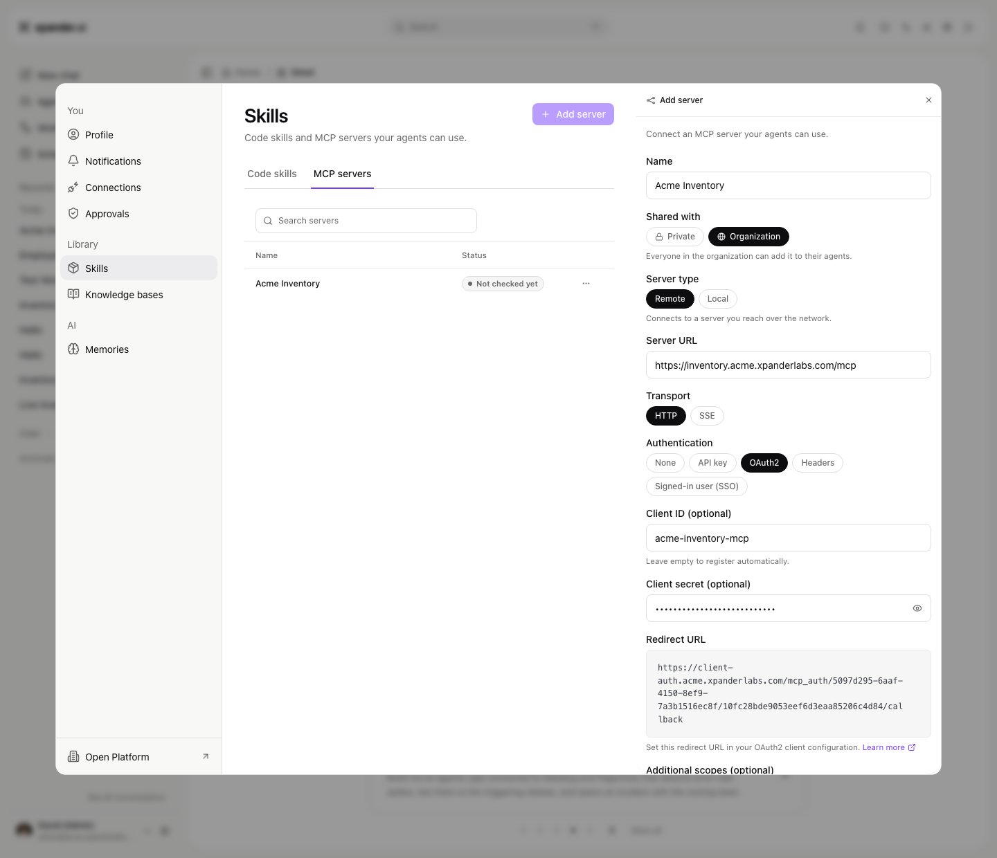 Add server form with Name Acme Inventory, Shared with Organization, Remote, Server URL, HTTP, Authentication OAuth2, Client ID, a masked Client secret and the Redirect URL