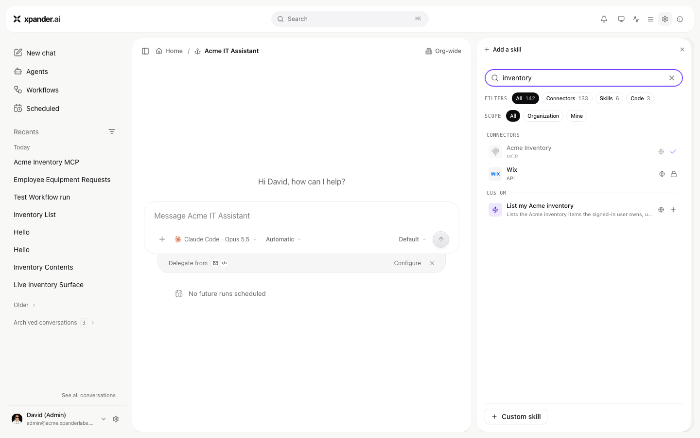 Add a skill panel searching inventory, listing Acme Inventory of type MCP