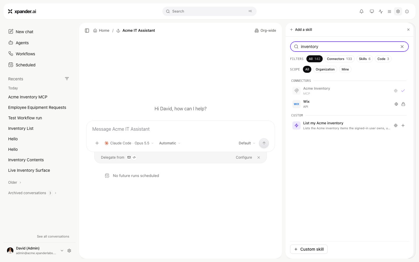 Add a skill panel searching inventory, listing Acme Inventory of type MCP