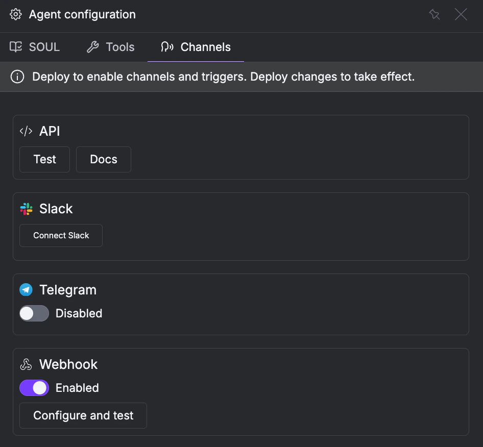 Channels configuration panel showing toggles for API, Slack, Telegram, Webhook, and MCP