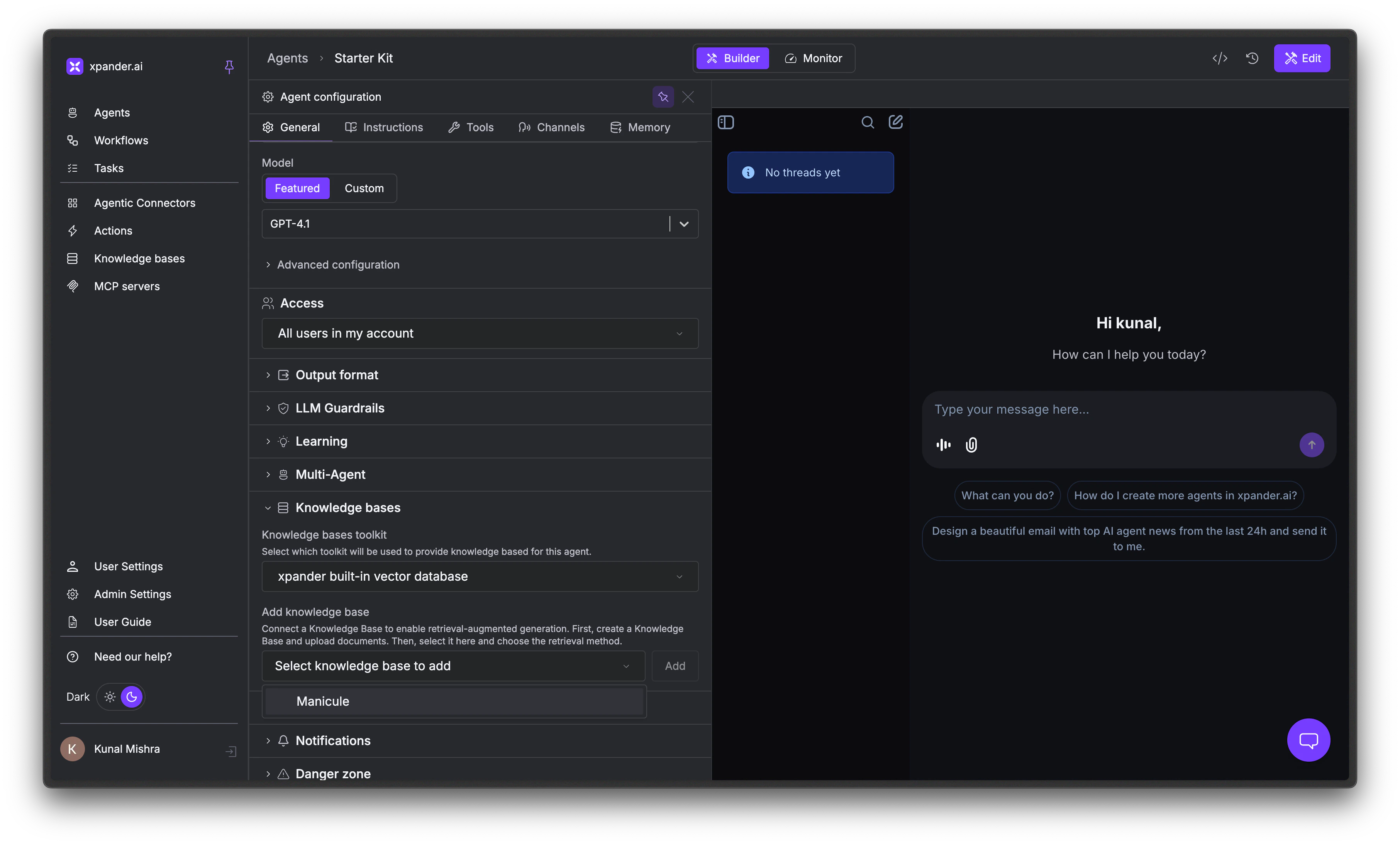 Agent General tab showing Knowledge Bases section with toolkit selection and attached Knowledge Base