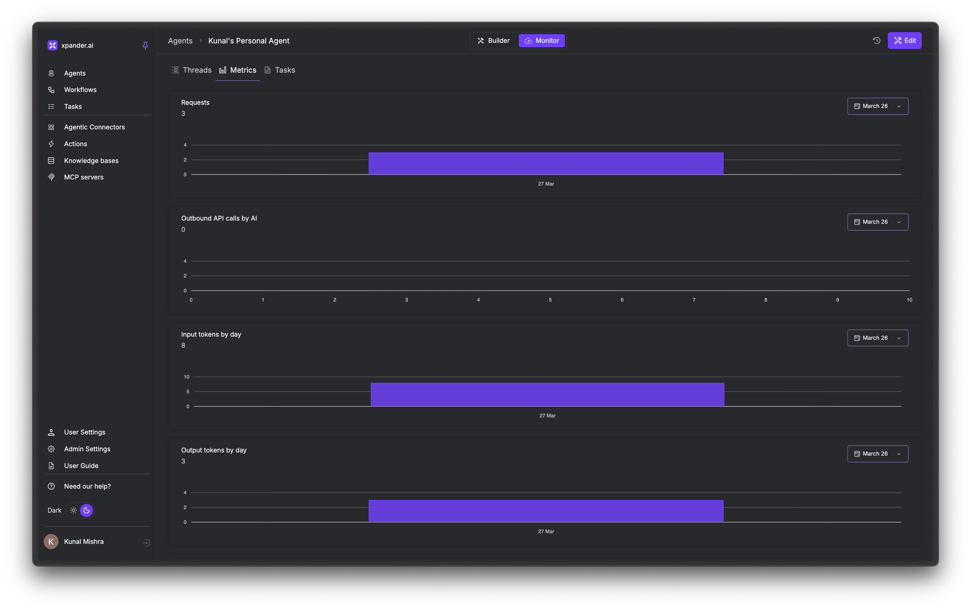 Metrics tab showing agent performance graphs for requests, API calls, and token usage
