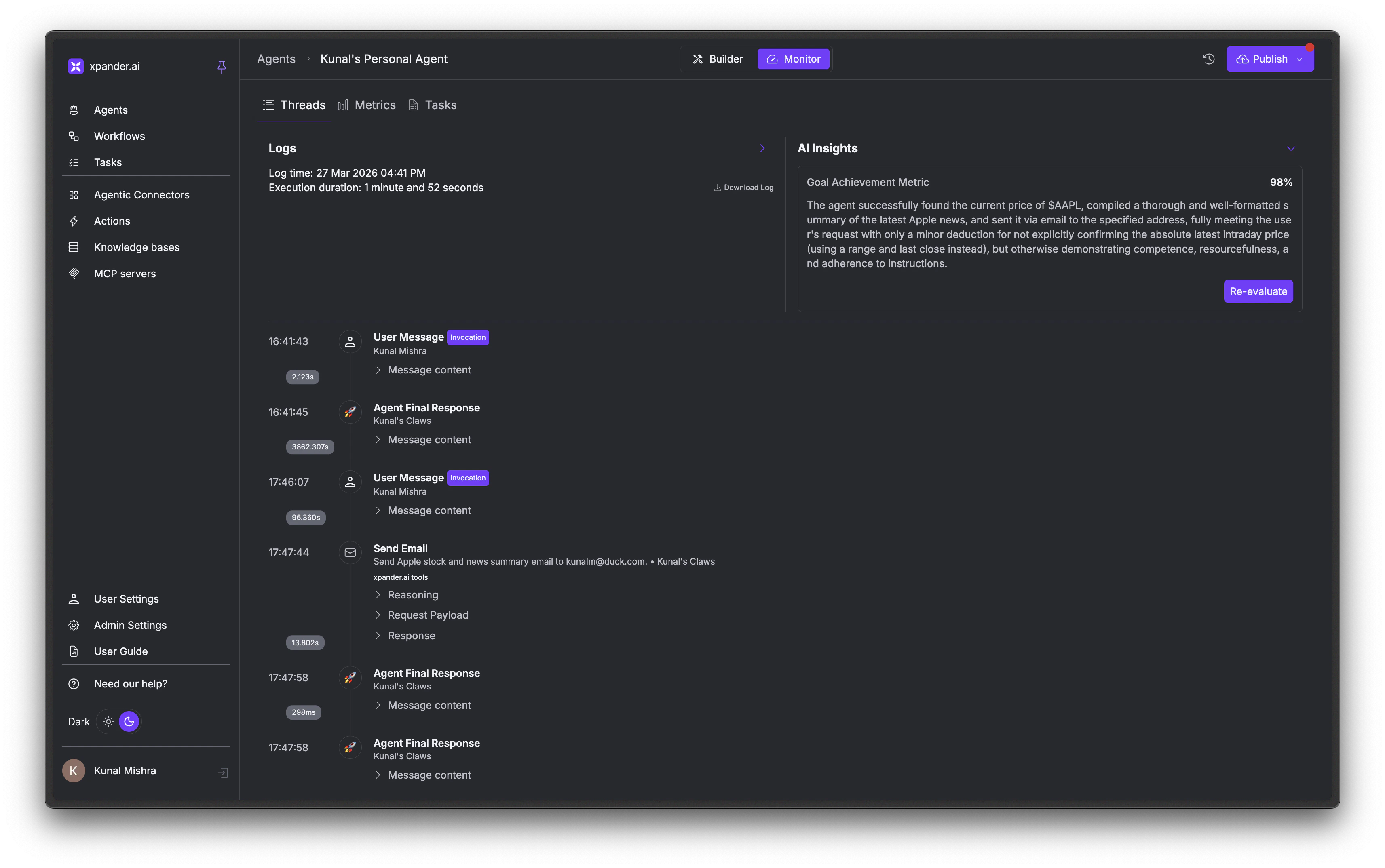 Monitor Threads tab showing conversation logs with user messages, agent responses, and tool call details