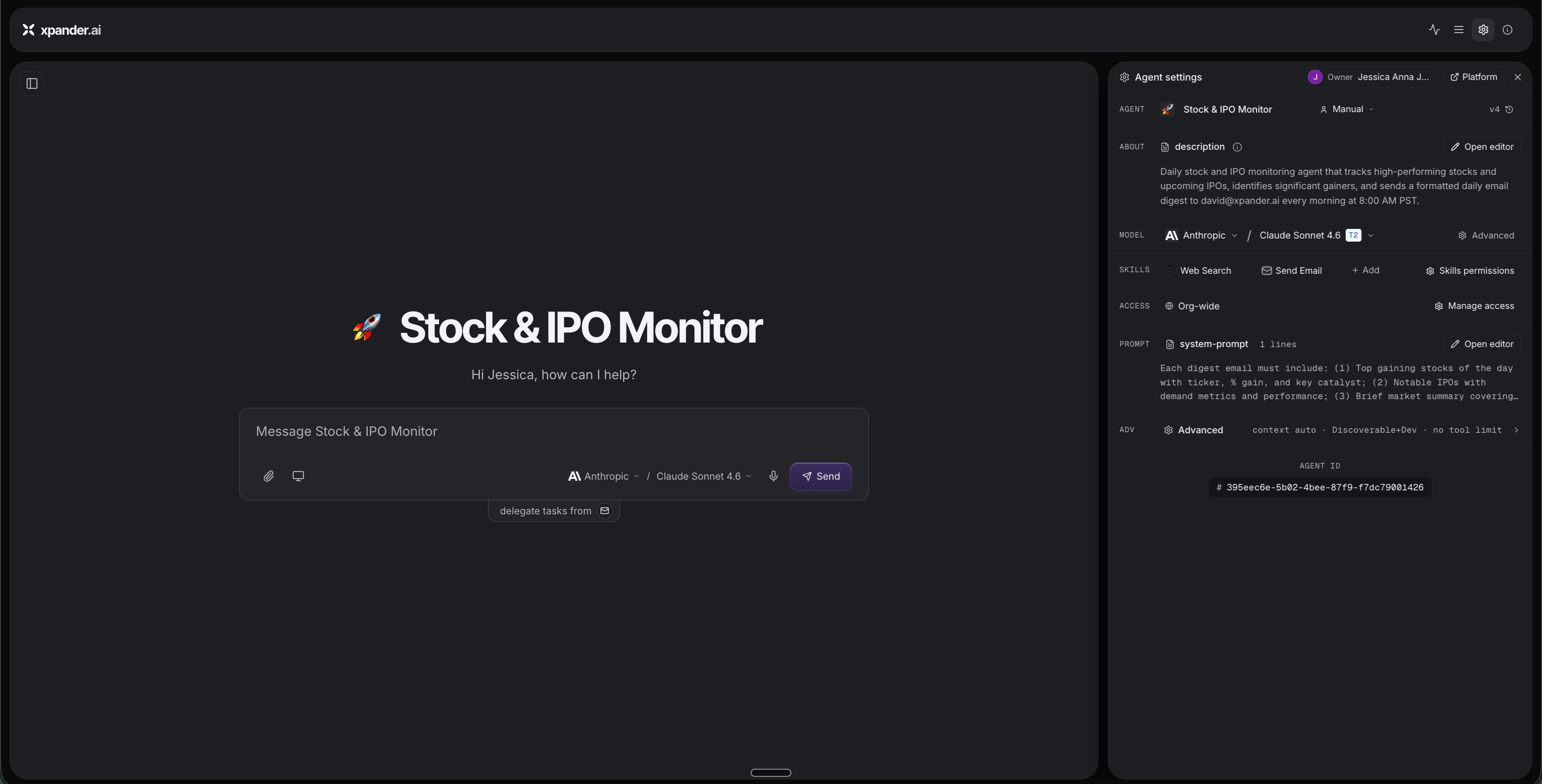Stock & IPO Monitor agent settings in Omni
