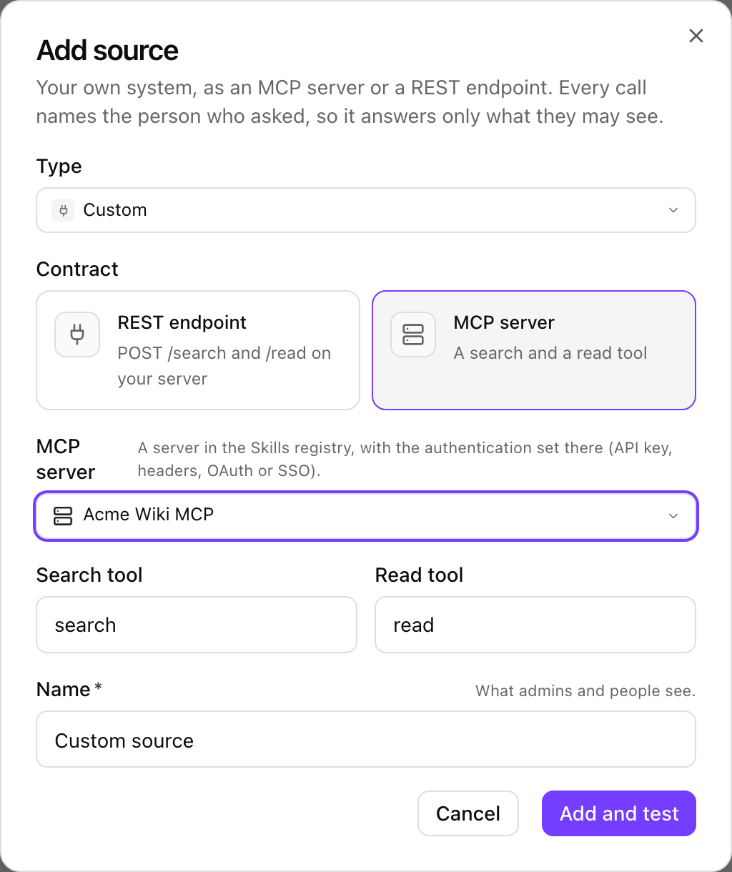 Add source dialog with the MCP contract selected, the Acme Wiki MCP entry picked, and the default search and read function names