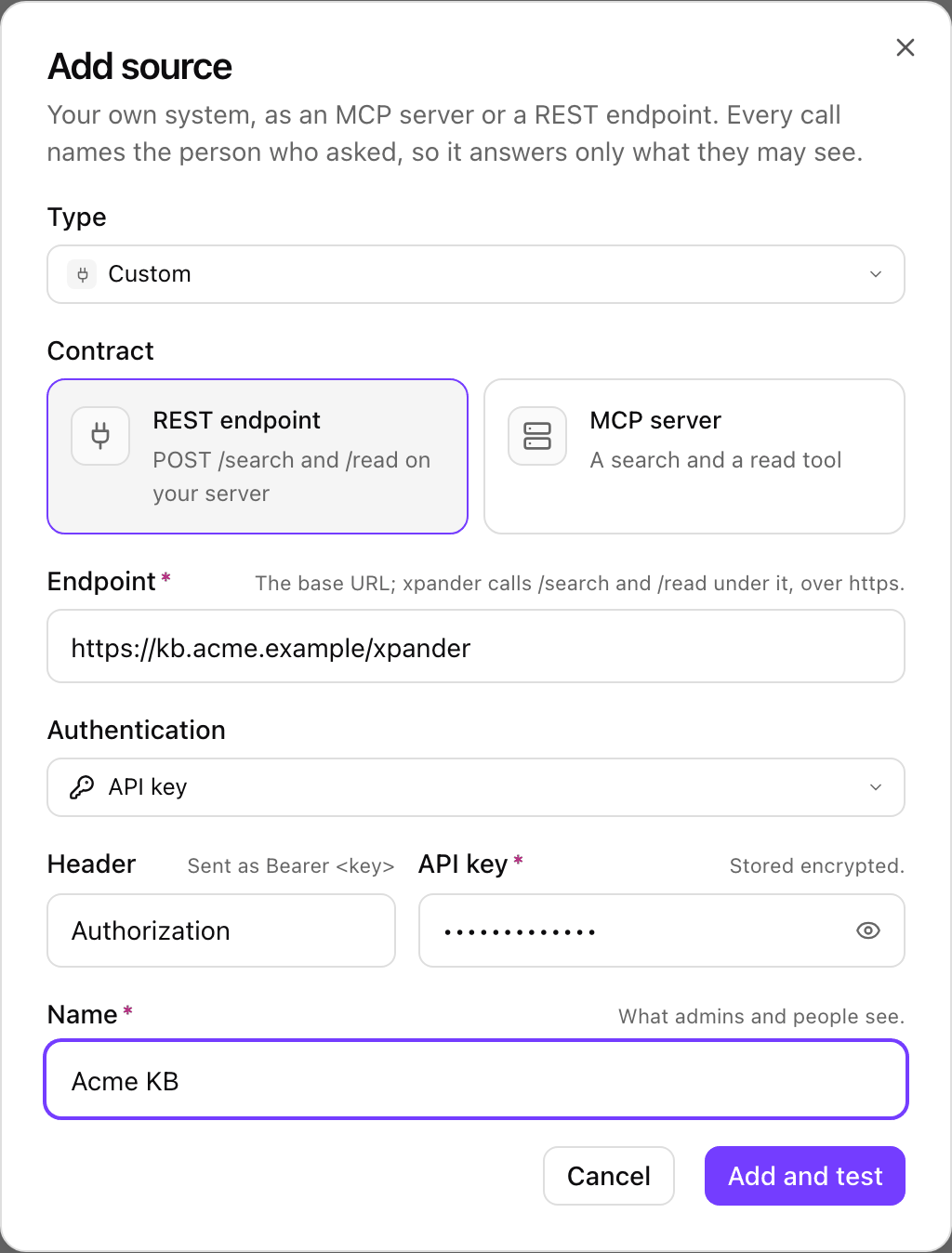 Add source dialog with Type Custom, Contract REST endpoint selected, Endpoint https://kb.acme.example/xpander, Authentication API key, Header Authorization, an API key, Name Acme KB and the Add and test button