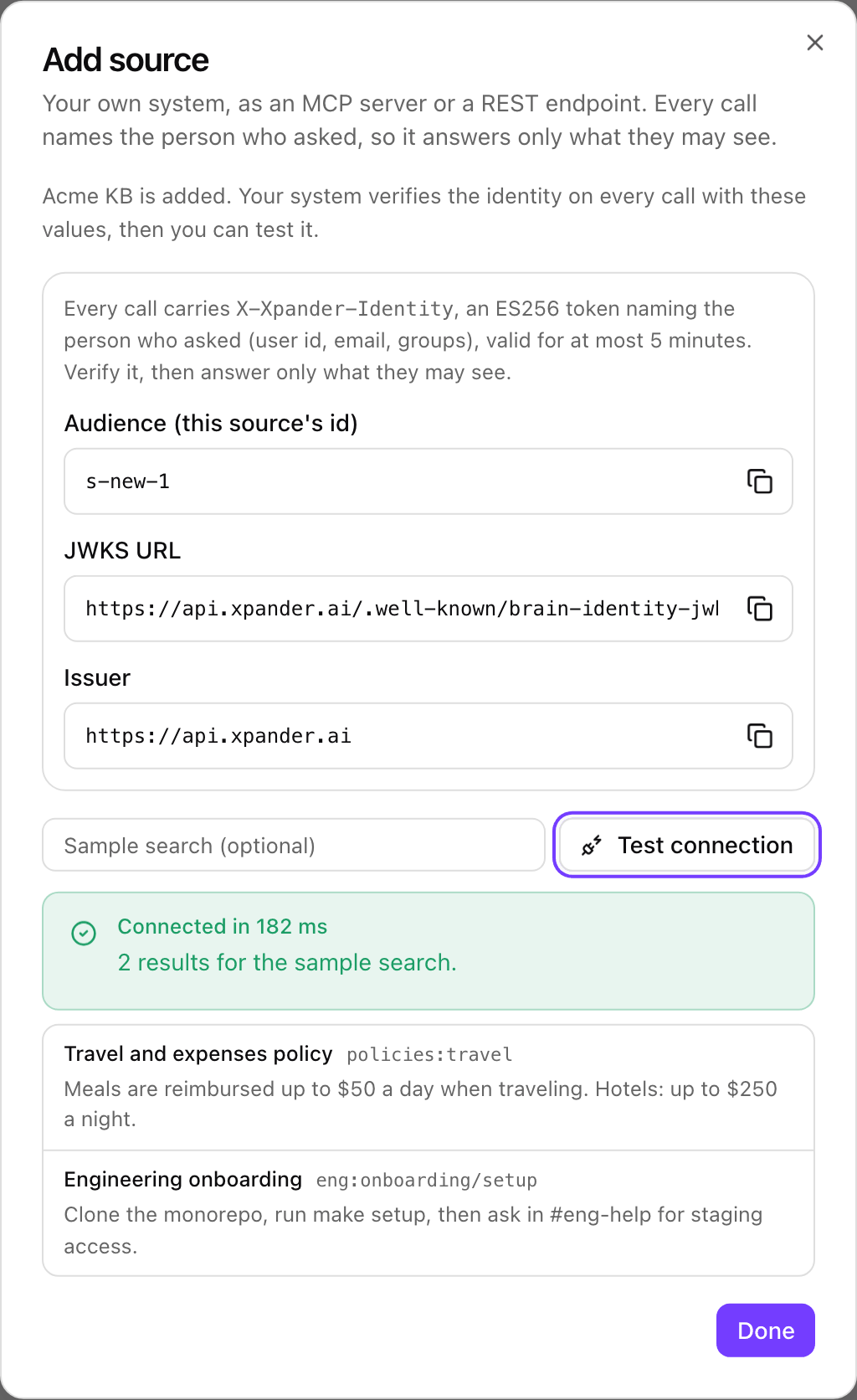 The source is added, with copyable Audience, JWKS URL and Issuer fields, and Test connection showing Connected in 182 ms with two results