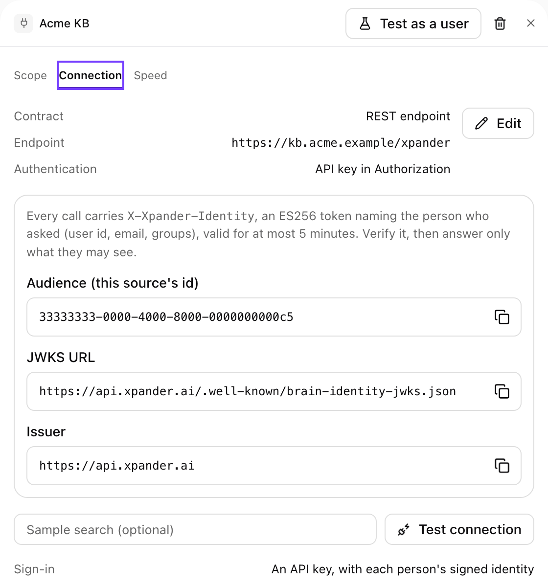 Acme KB source card on the Connection tab with Contract REST endpoint, Endpoint, Authentication API key in Authorization, the Audience, JWKS URL and Issuer fields, and Test connection