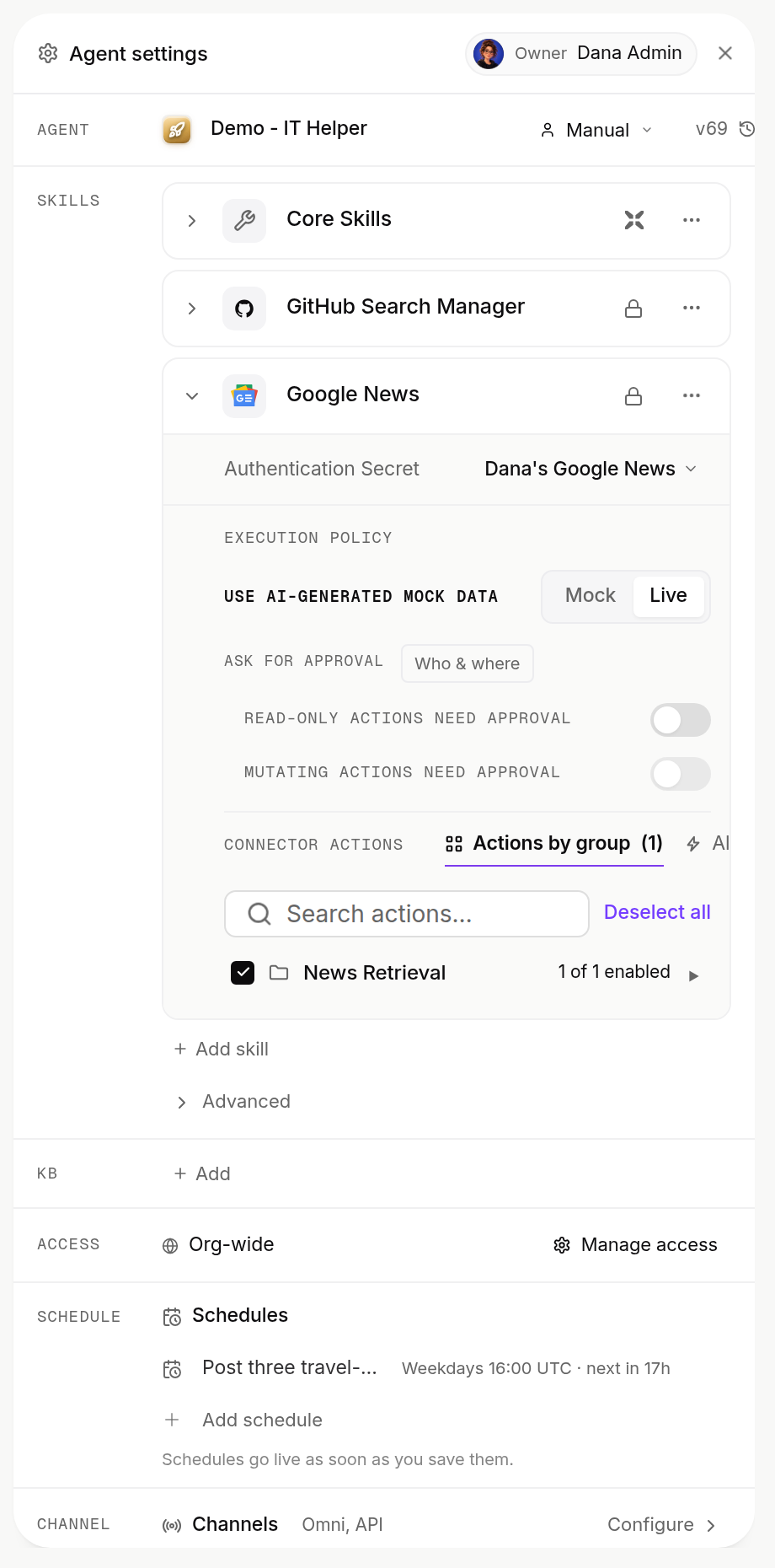 A skill on an agent in Xpander Chat: its connection, Mock or Live data, approval switches and its action group