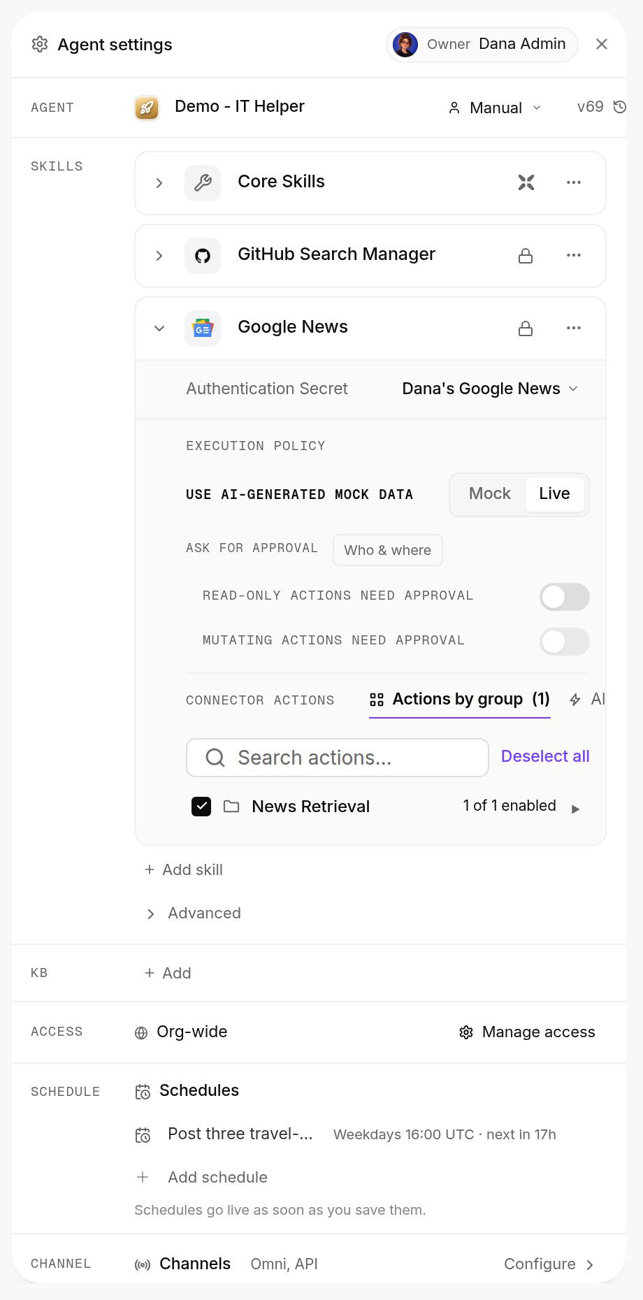 A skill on an agent in Xpander Chat: its connection, Mock or Live data, approval switches and its action group