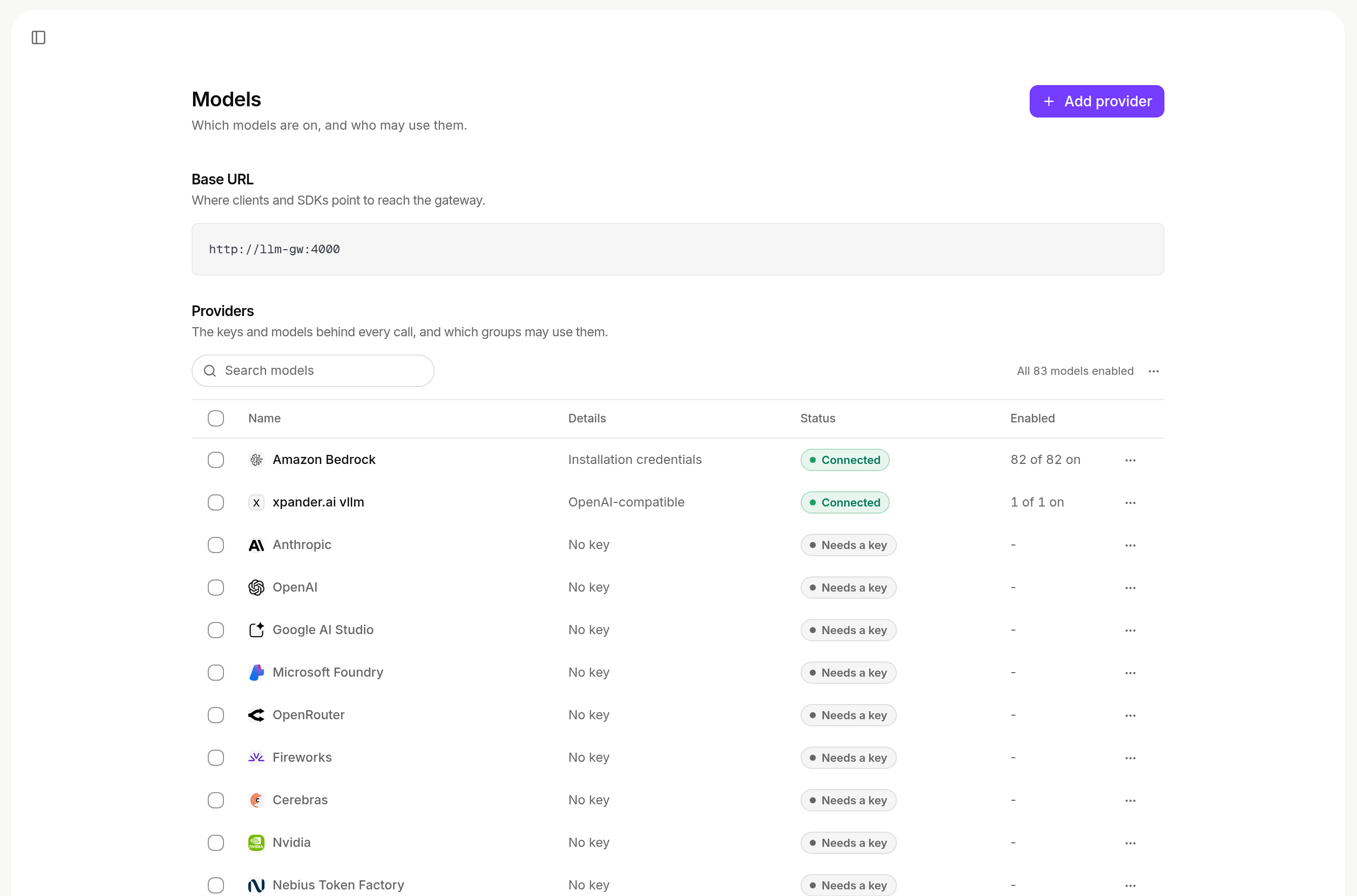 Models page with the gateway base URL and the Providers list: each provider's details, status and how many models are on