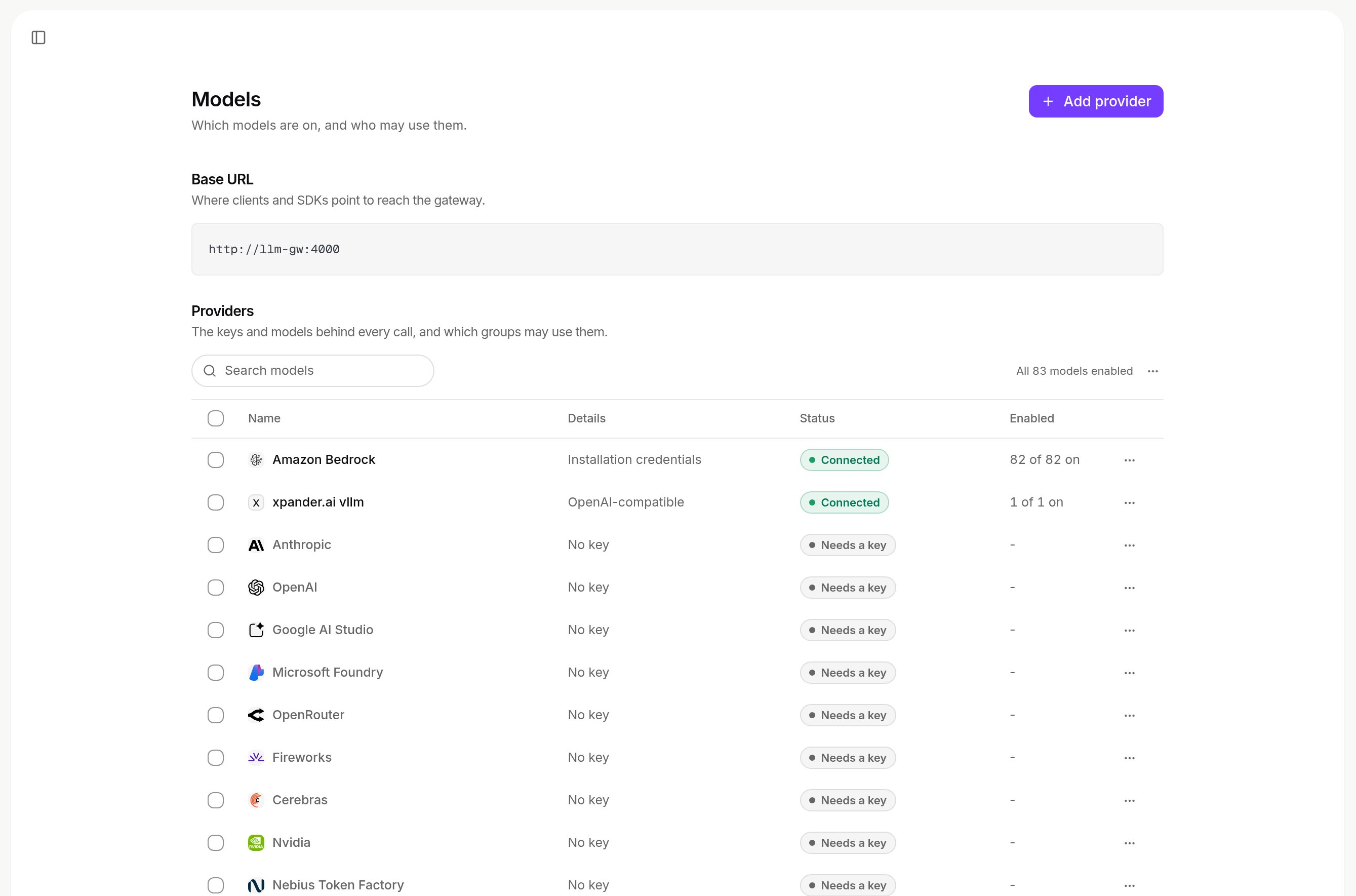 Models page with the gateway base URL and the Providers list: each provider's details, status and how many models are on
