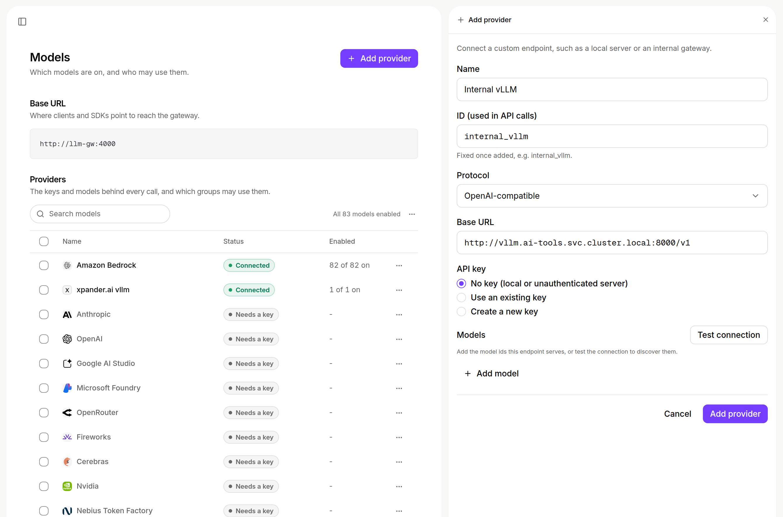 Add provider form with Name Internal vLLM, ID internal_vllm, Protocol OpenAI-compatible, a Base URL ending in /v1, API key No key, and Models with Test connection and Add model