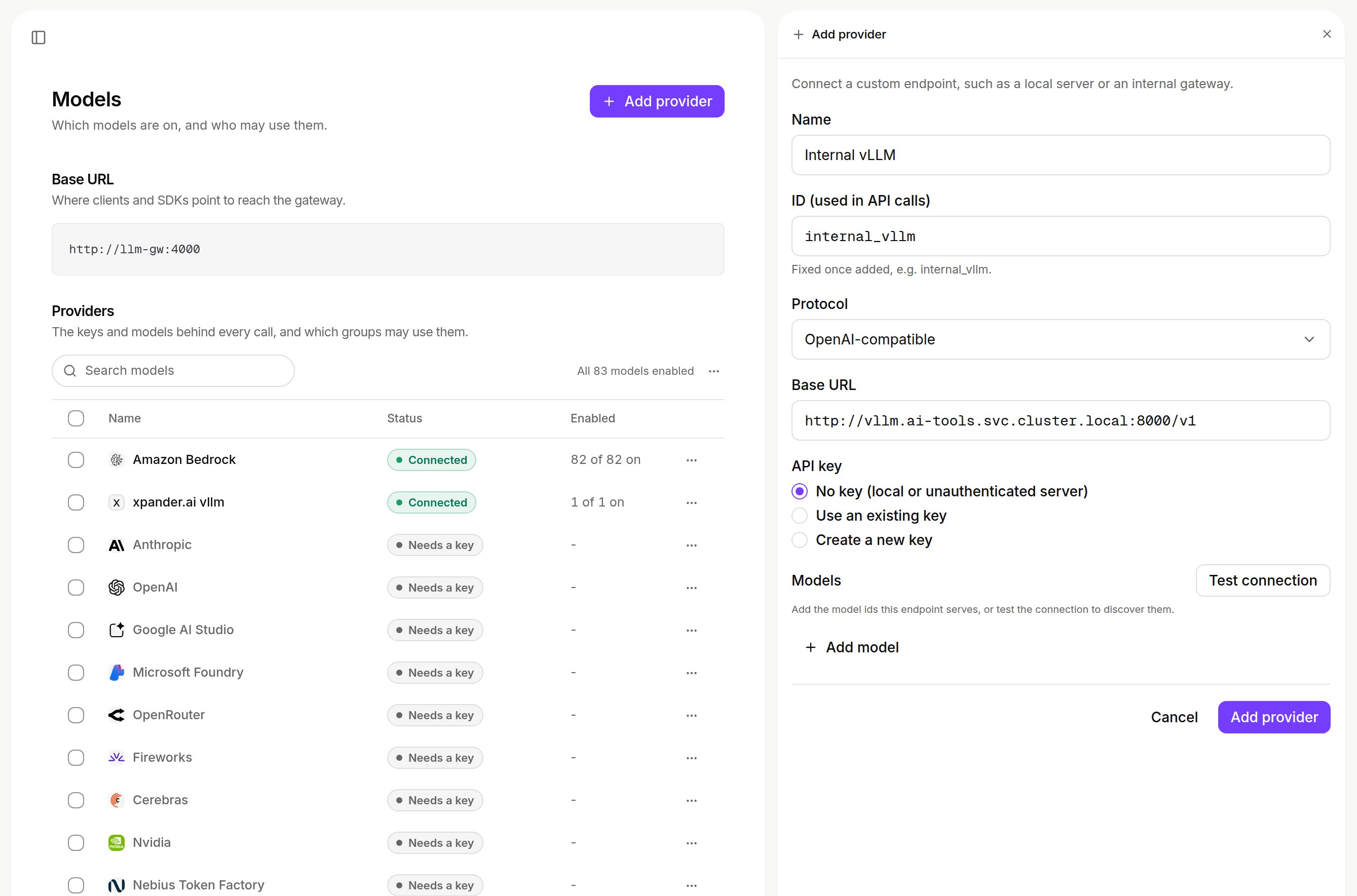 Add provider form with Name Internal vLLM, ID internal_vllm, Protocol OpenAI-compatible, a Base URL ending in /v1, API key No key, and Models with Test connection and Add model