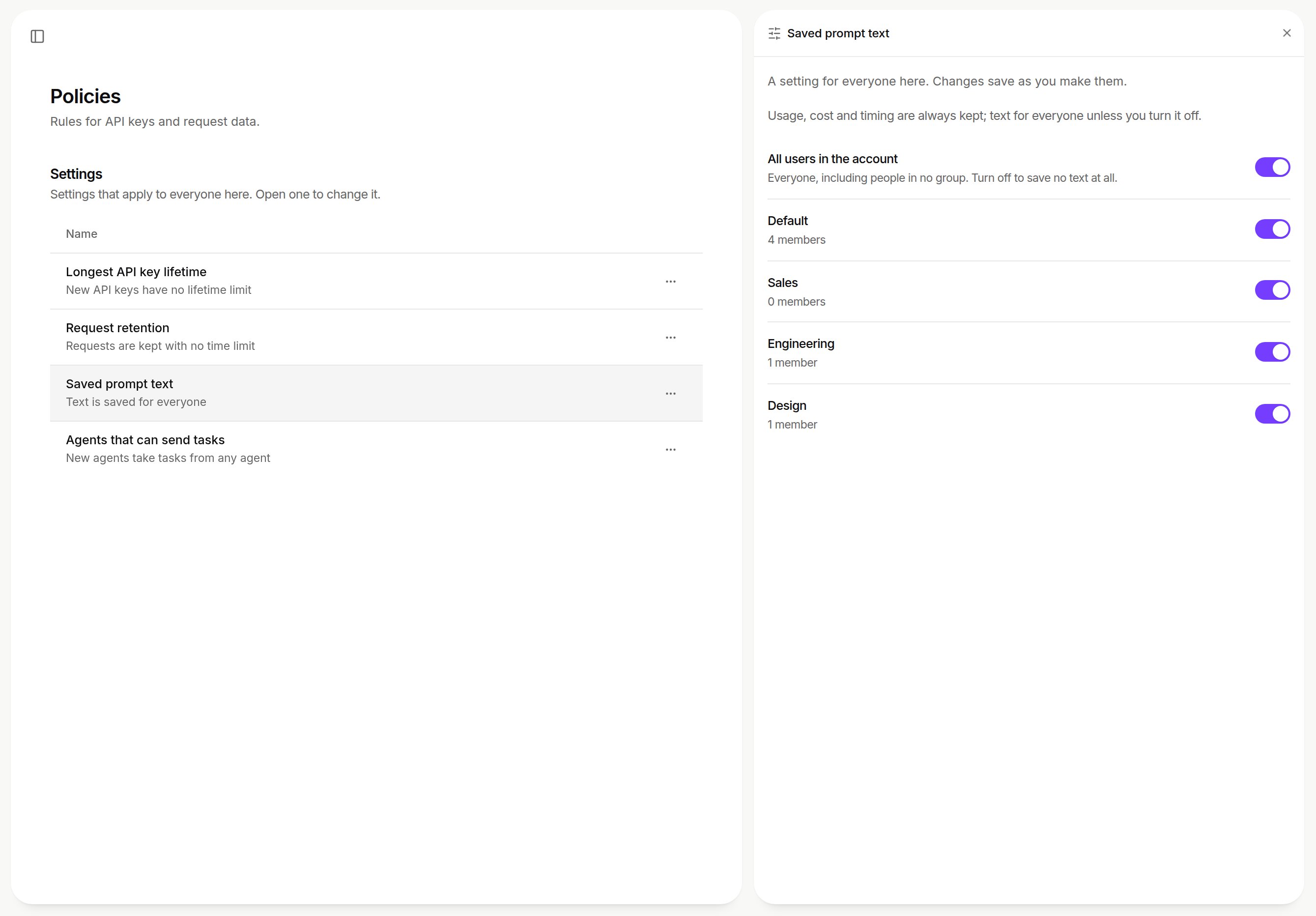 Policies page with the Saved prompt text panel open: All users in the account and a switch per group, all on