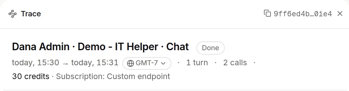 Trace header of one chat: person, agent and channel, Done, time range with time zone, turns, calls, credits and what paid for it