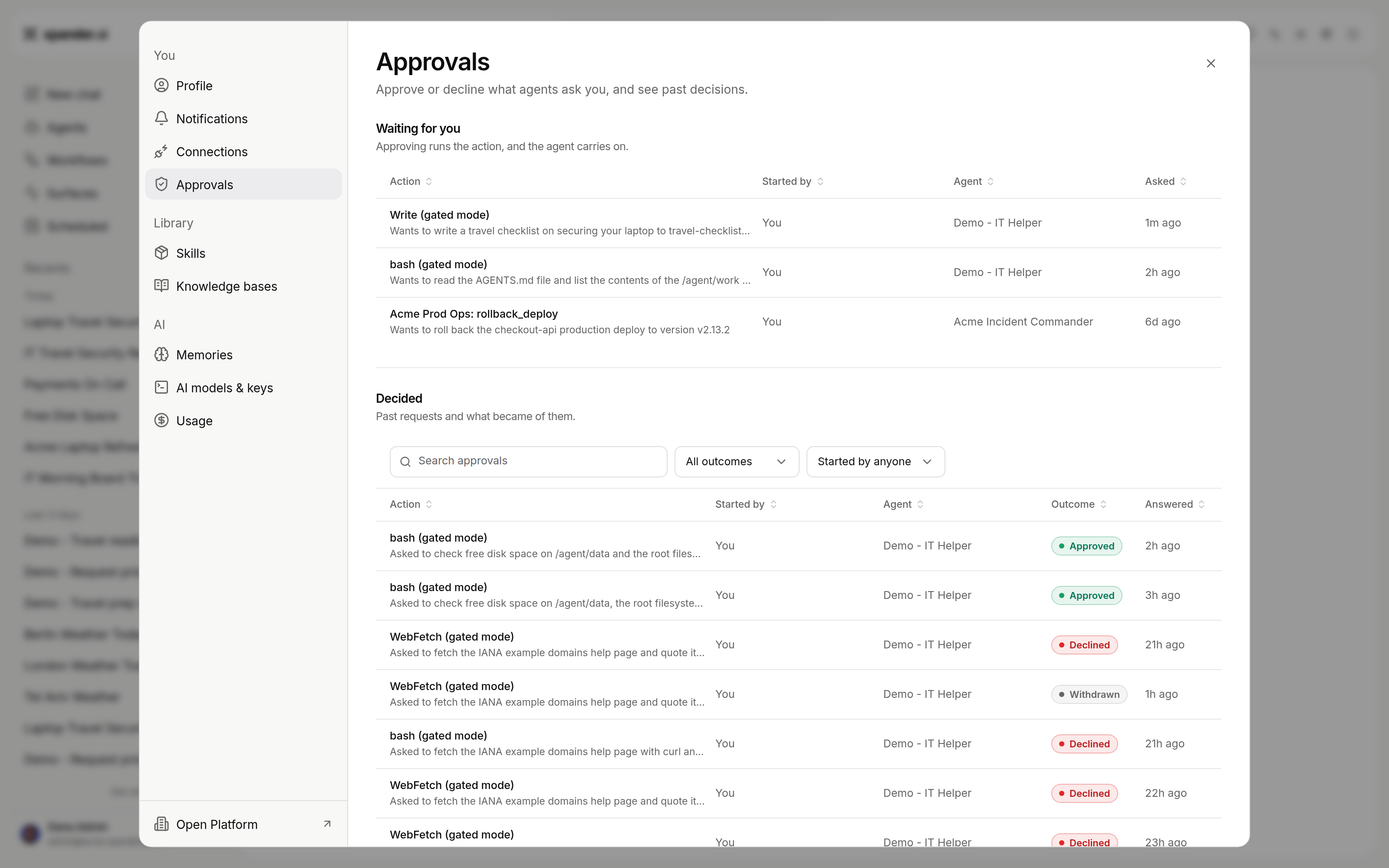 Settings, Approvals page with a Waiting for you list and a Decided list showing Approved, Declined and Withdrawn outcomes