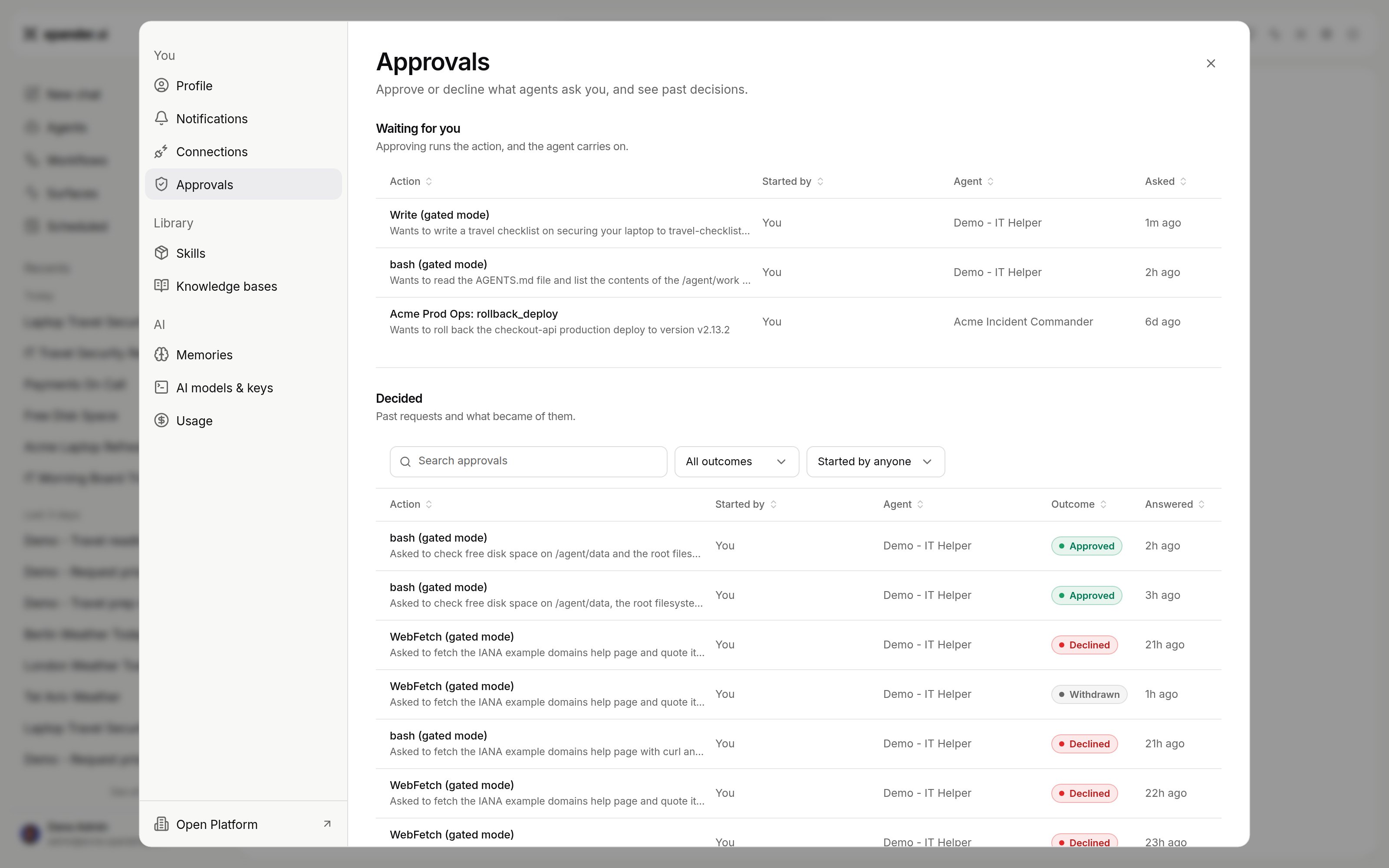 Settings, Approvals page with a Waiting for you list and a Decided list showing Approved, Declined and Withdrawn outcomes