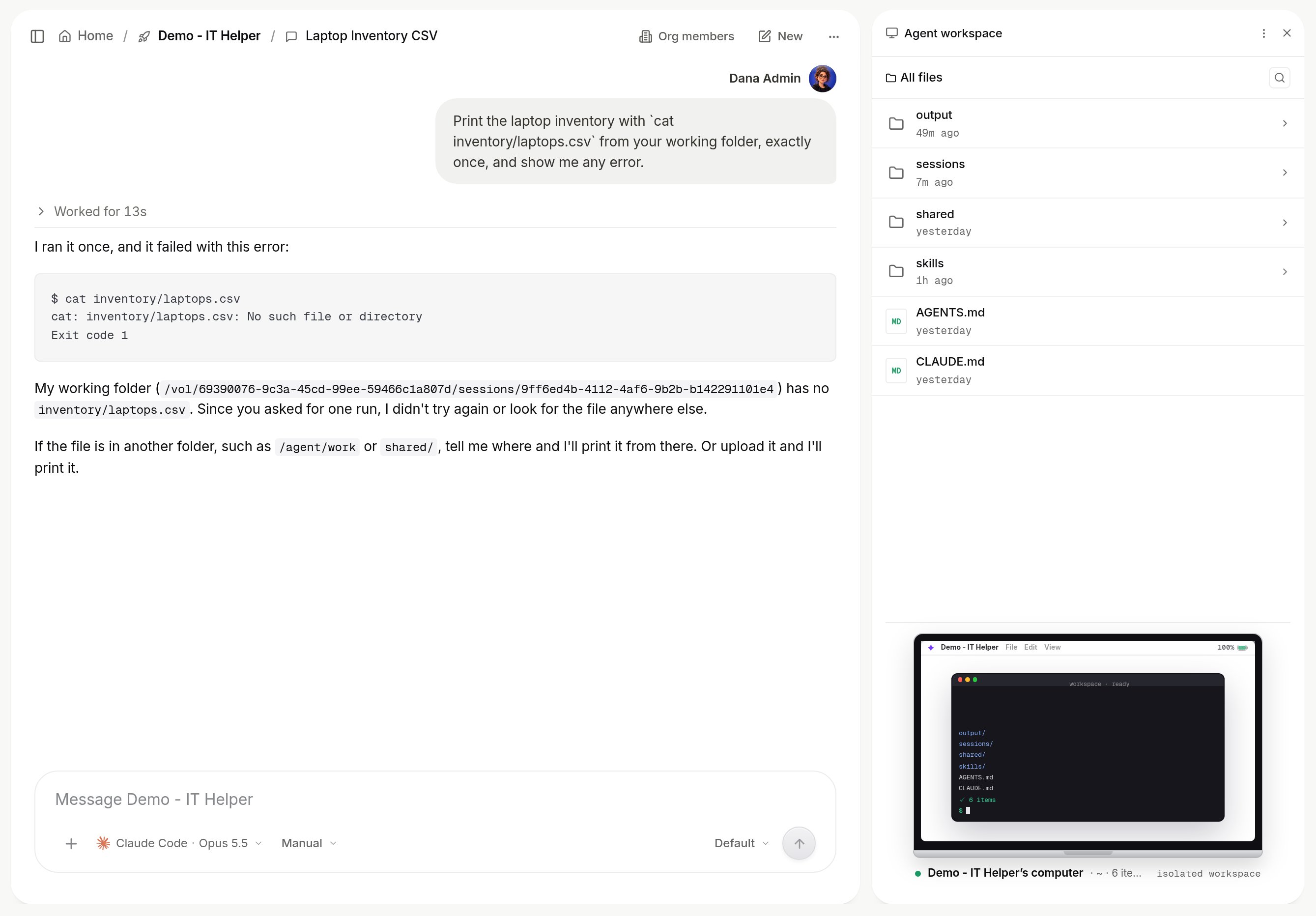 Agent workspace panel at All files listing the output, sessions, shared and skills folders and the AGENTS.md and CLAUDE.md files, beside a conversation