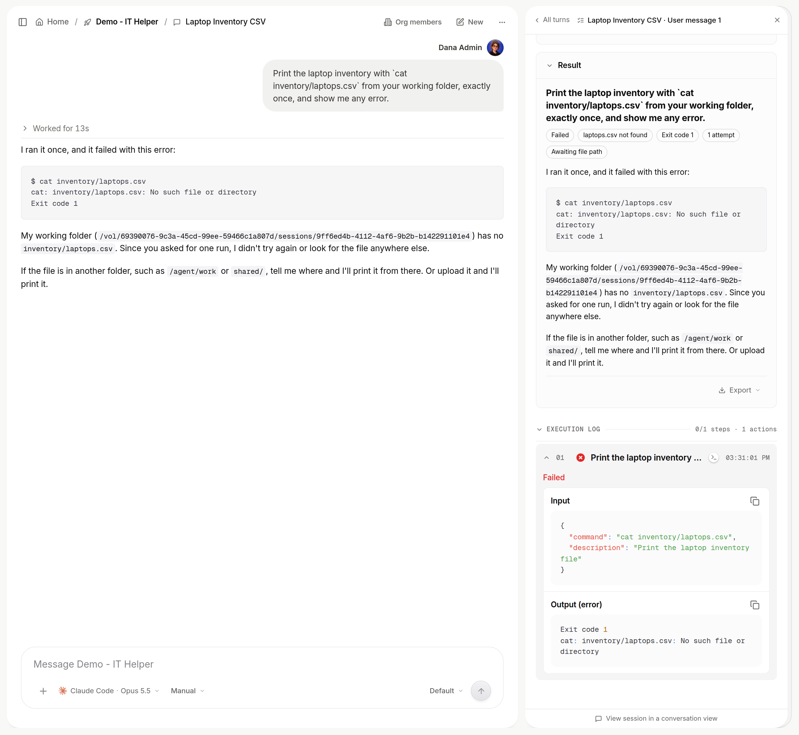 Conversation where the agent reports that inventory/laptops.csv was not found, beside the Session Manager turn details whose execution log marks the action Failed with the same path and exit code 1