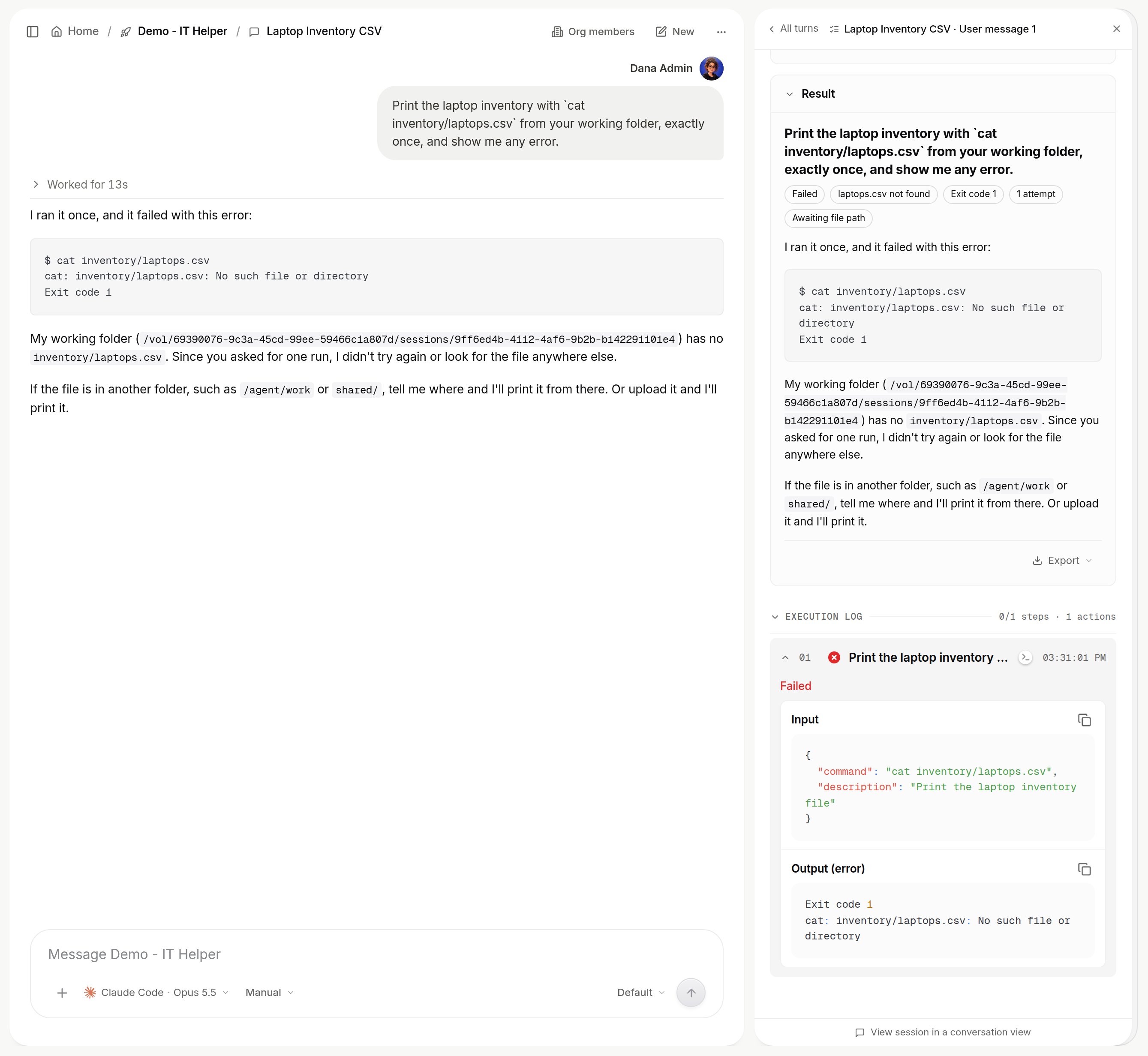 Conversation where the agent reports that inventory/laptops.csv was not found, beside the Session Manager turn details whose execution log marks the action Failed with the same path and exit code 1